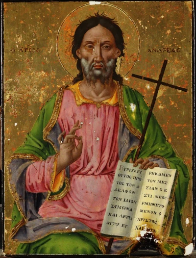 A Greek icon of St Andrew, during restoration.